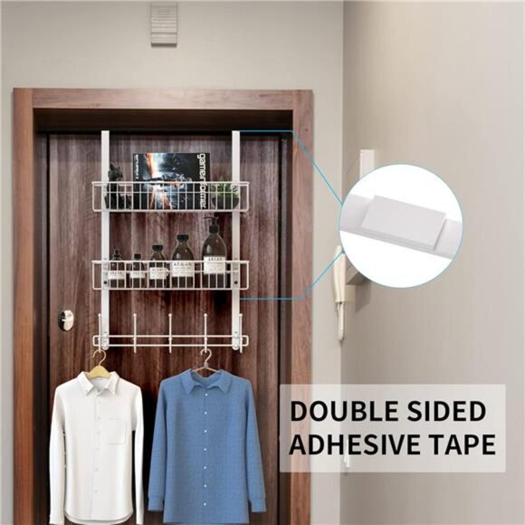 Over Door Hooks Organizer Towel Rack Coat Hanger 10 Hooks 2 Mesh Baskets White - Picture 3 of 7